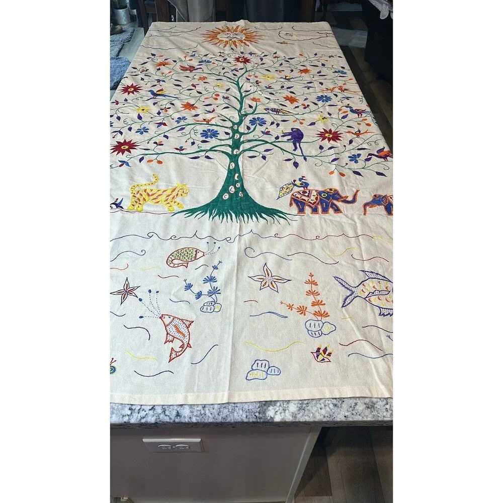 10000 Villages Tree Of Life Embroidered Tablecloth New w Tags 57 x 82 Inch